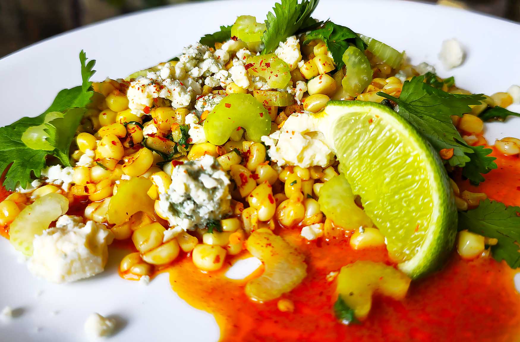Recipe for Cast Iron Smoky Buffalo Blue Cheese Sweet Corn by New England Innkeeper