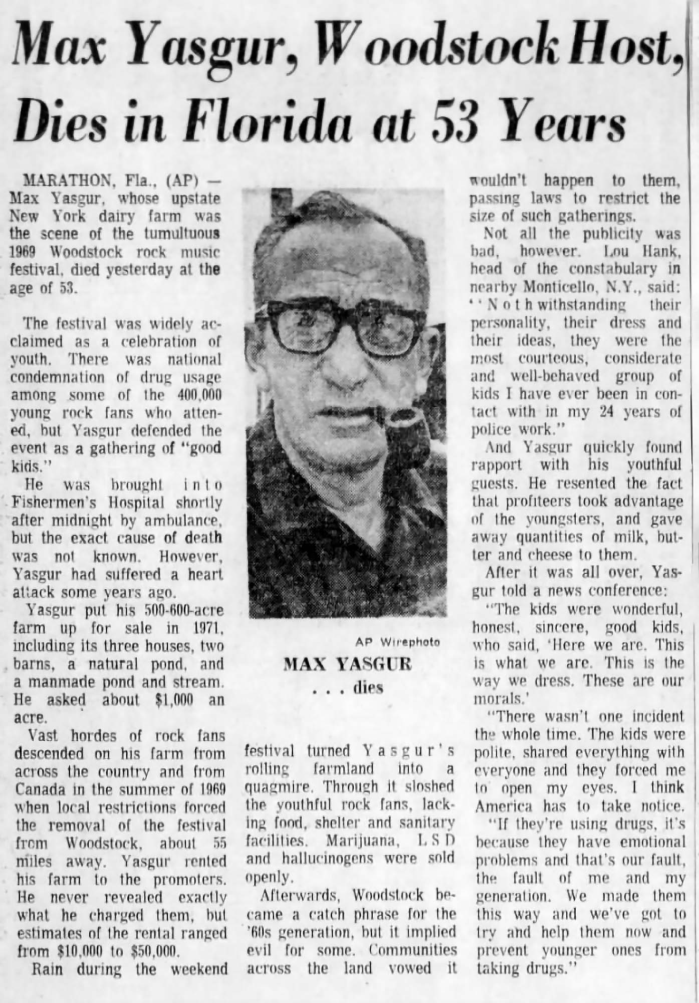 max_yasgur_obituary Max Yasgur Obituary - Woodstock Monument