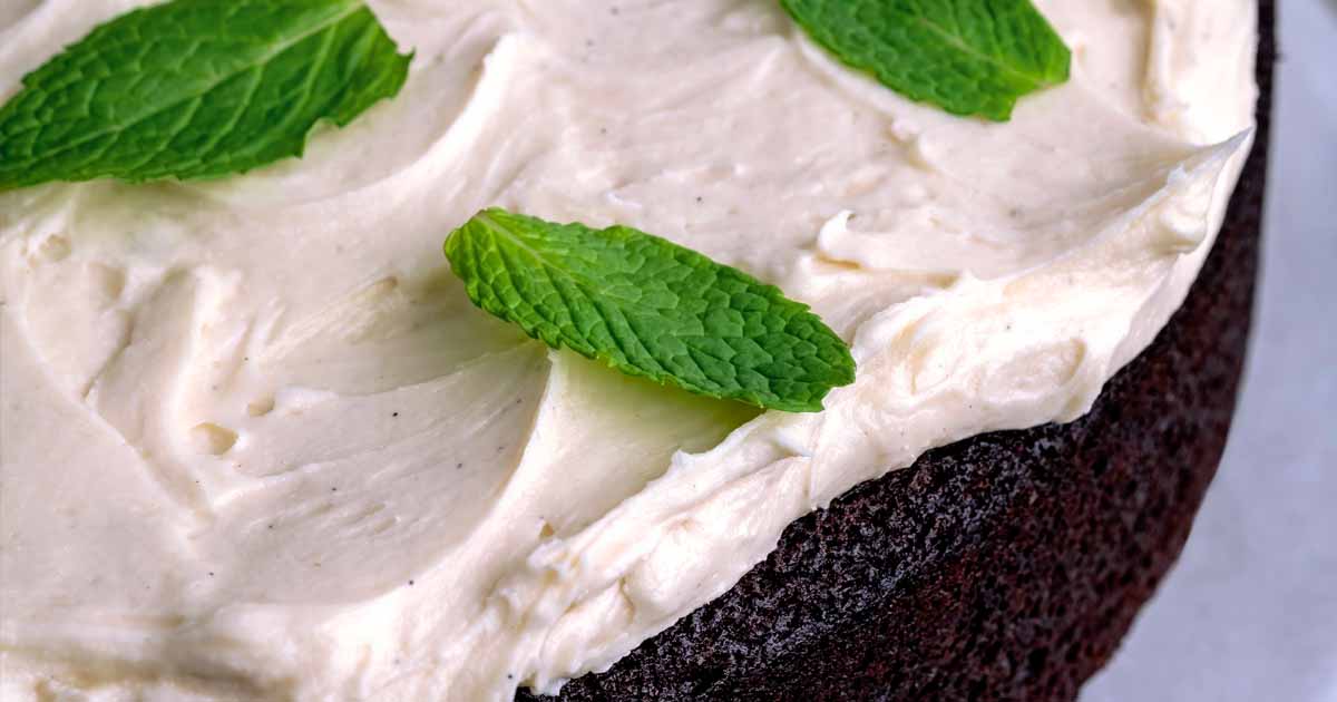 A closeup shot of the frosting on the Guinness Chocolate Cake with Baileys Irish Cream Buttercream